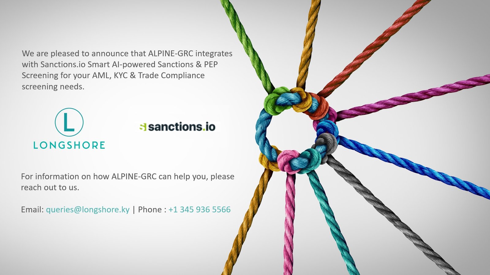 vendor-announcement Longshore Labs and Sanctions.io partnership illustration showing knotted ropes, representing strength, trust, and collaboration in delivering AI-powered AML, KYC, and PEP compliance solutions for financial institutions.